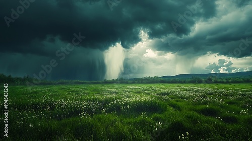 Dramatic landscape of storm clouds and heavy rain over green fields