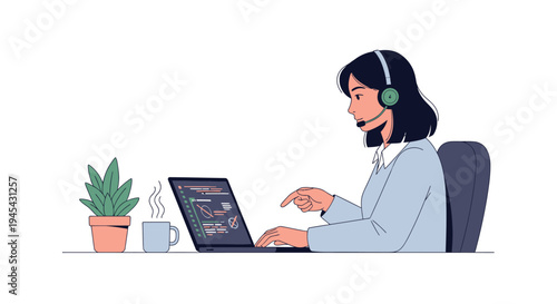 Vector illustration of woman wearing headset working on laptop at desk isolated on White Background