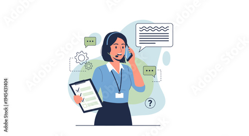 Vector illustration of businesswoman on phone with clipboard and speech bubbles isolated on White Background