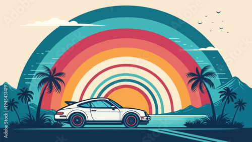Vintage white sports car driving on a road with a colorful gradient rainbow background and palm trees