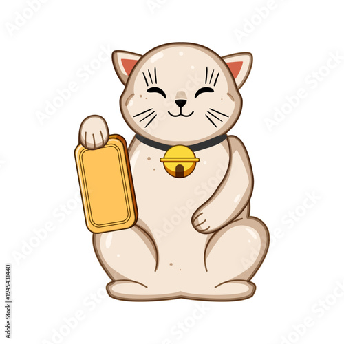 Smiling lucky cat with raised paw holding a gold coin, kawaii mascot symbolizing good fortune, prosperity and business success for finance, storefront and charm uses