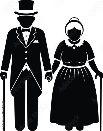Elderly couple, holding hands, companionship silhouette, aging together, senior citizens, long term relationship, love unity, black illustration, vintage design, flavector