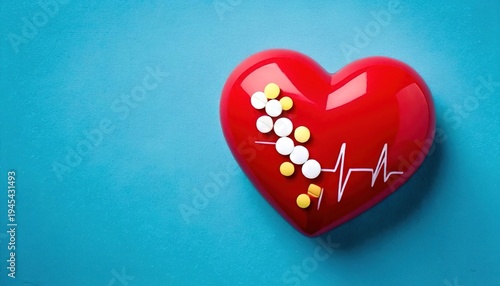 A red heart-shaped object, with medications, and an ECG line on a light blue background