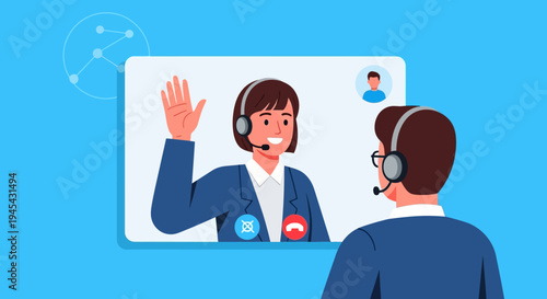 Vector illustration of two people in video call with headsets isolated on White Background