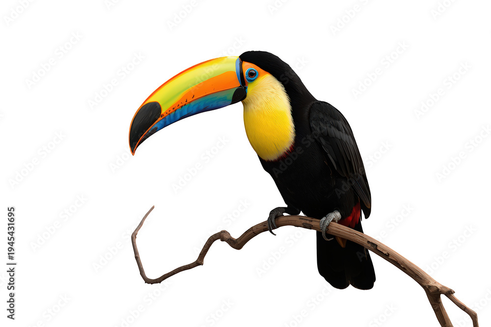 Naklejka premium Vibrant toucan bird with large colorful beak perched on a branch, tropical wildlife fauna, transparent background