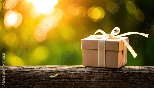 A brown gift box tied with a cream ribbon, placed on a wooden surface with a blurred background of green foliage