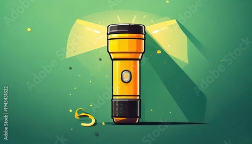 A brightly colored yellow flashlight shines on a green background with a long shadow