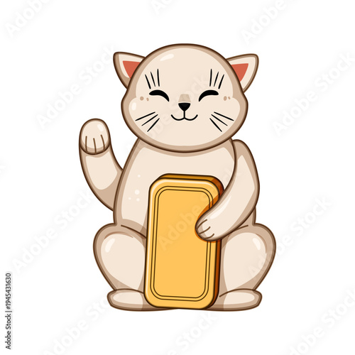 Lucky cat talisman artwork raising one paw and holding a gold bar, symbolizing good fortune, wealth, and prosperity for business and financial success