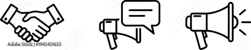 Handshake speech bubble and megaphone icons