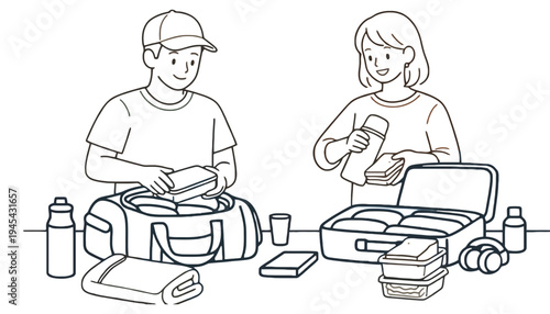 Luggage vector illustration of a couple packing for travel with suitcases