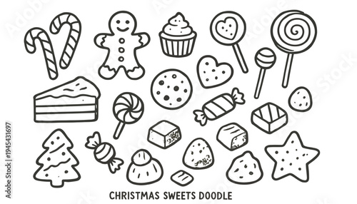 Christmas sweets doodle illustration with various candies and baked goods