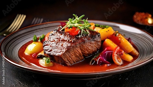 A close-up shot of a beautifully plated meal featuring a grilled steak and vibrant vegetables