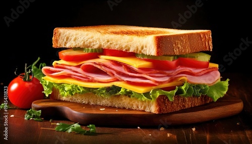 A close-up shot of a delectable sandwich overflowing with fillings on a wooden board