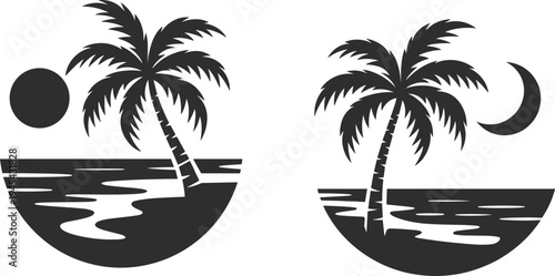 Tropical palm tree beach silhouette collection, summer sunset and moon night icons, exotic vacation island landscape vector design