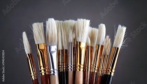 A close-up shot of an array of paintbrushes with various bristles against a gray backdrop
