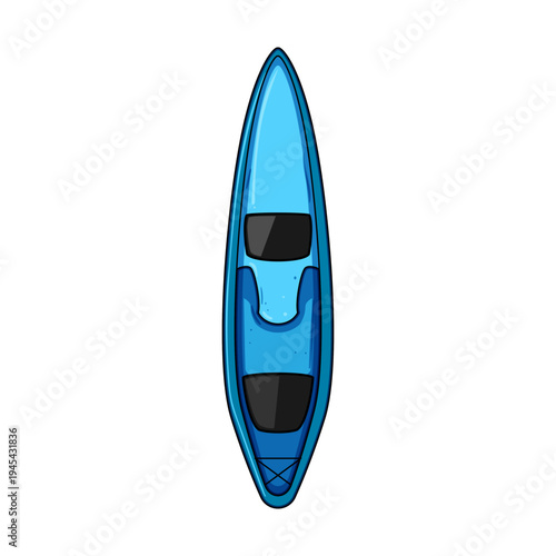 Blue tandem kayak top view with two black seats on white background, ideal for summer paddling, recreation and adventure vector style flat illustration for travel and outdoor use