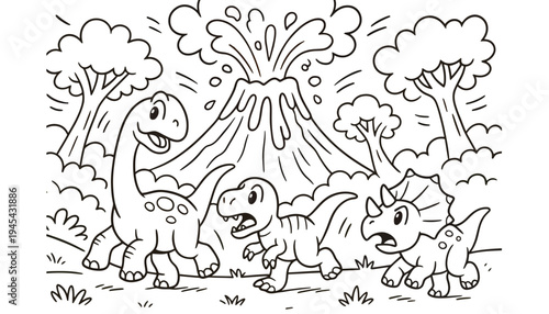 Dinosaur vector illustration of three dinosaurs running from erupting volcano