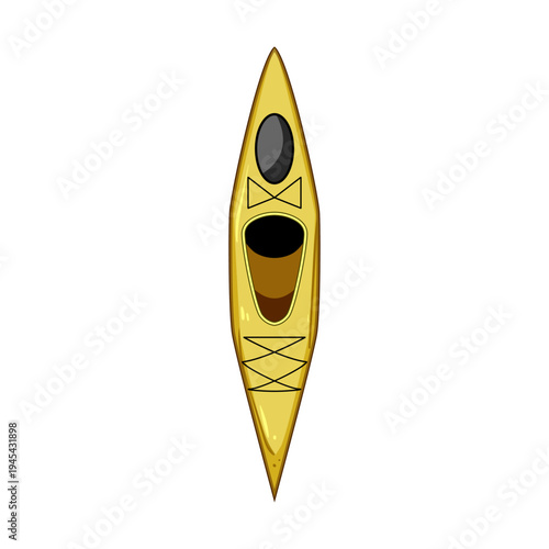 Yellow canoe viewed from above, flat design icon conveying kayaking, paddling, outdoor recreation, adventure and exploration on water for travel, leisure and sporting concepts