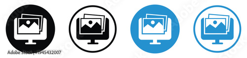 Digital media icons showing a photo gallery on a computer screen with a mouse clicker. Clean vector graphics for photography, portfolio, and digital asset management concepts.