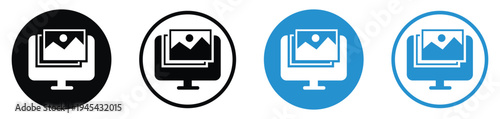 Digital media icons showing a photo gallery on a computer screen with a mouse clicker. Clean vector graphics for photography, portfolio, and digital asset management concepts.