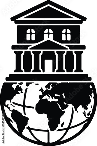 Global Education Institution Above World Globe Icon, Black silhouette icon of a classical school building placed above a globe, symbolizing global education, international learning, and worldwide acad