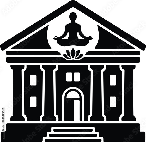 Meditation Figure Above Classical Temple Spiritual Icon, Black silhouette illustration of a person meditating above a classical temple building, symbolizing spirituality, inner peace, mindfulness, and