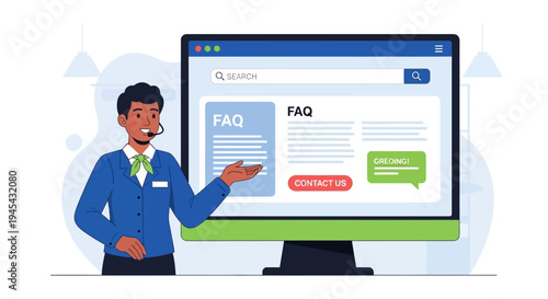 Vector illustration of man presenting website on computer screen isolated on White Background