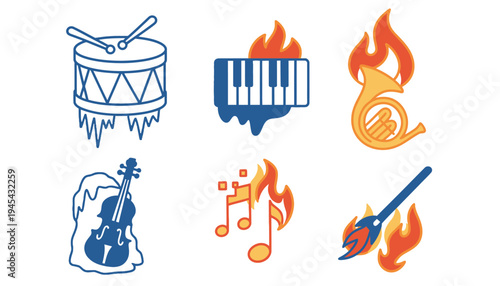 Music instrument icon set with fire and ice illustrations
