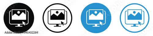 Digital media icons showing a photo gallery on a computer screen with a mouse clicker. Clean vector graphics for photography, portfolio, and digital asset management concepts.