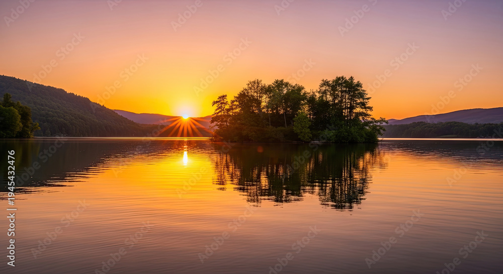 Obraz premium A serene lake at sunset with a small island and trees in the background