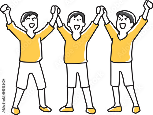 腕を上げて喜ぶ3人の男性