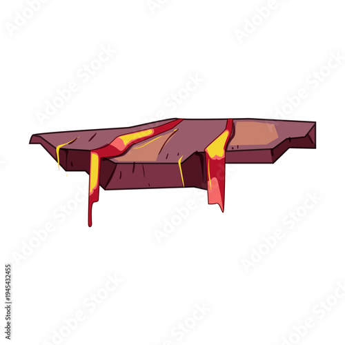 Stylized volcanic rock platform with hot molten lava flowing over its surface and dripping down, creating a dangerous and fiery game environment element