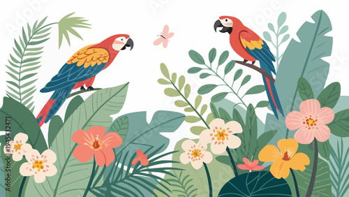 Vibrant rainforest scene with colorful parrots lush greenery flowers and butterfly