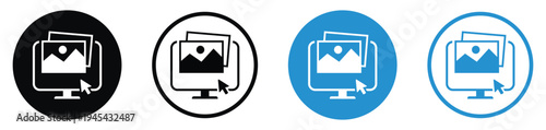 Digital media icons showing a photo gallery on a computer screen with a mouse clicker. Clean vector graphics for photography, portfolio, and digital asset management concepts.