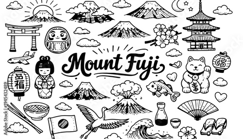 Mount Fuji vector illustration set with various Japanese symbols and landmarks