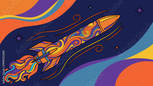 Groovy psychedelic rocket launch in retro space symbol of startup innovation and creative energy vector illustration