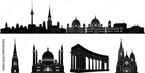 Global architectural silhouette illustration, European city skyline, church steeple, mosque dome, classical building, Gothic cathedral, diverse cultural heritage design artwork