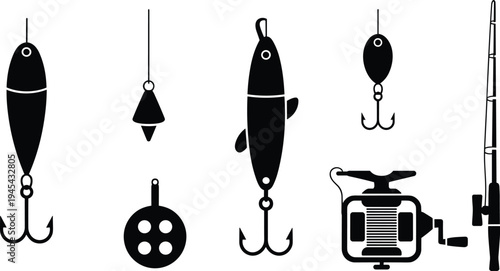 Fishing tackle equipment silhouette set, lure hooks and rod reel icons, outdoor hobby sports, angler tools vector design