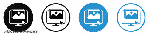 Digital media icons showing a photo gallery on a computer screen with a mouse clicker. Clean vector graphics for photography, portfolio, and digital asset management concepts.