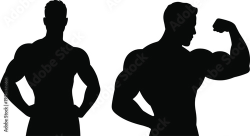 Muscular bodybuilder silhouette set, male fitness athlete posing, gym workout strength, healthy lifestyle and bodybuilding vector design
