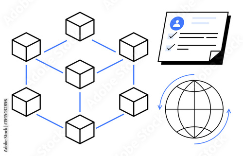 Connected cube blocks represent blockchain technology, document with user verification, and a global network with arrows. Ideal for blockchain, decentralization, security, verification, technology