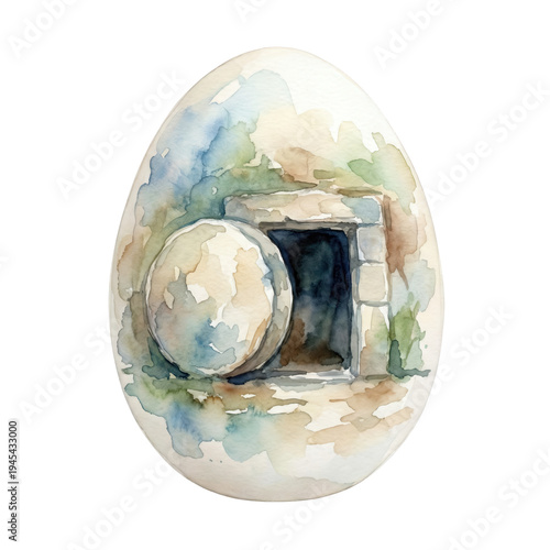 Watercolor Easter Egg with Empty Tomb, Resurrection Scene