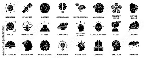 Brain icon set pack collection. Containing learning, mind, perception, intelligence, creativity, cognition, learning, emotion, memory and more. Solid Glyph Style vector Illustration.