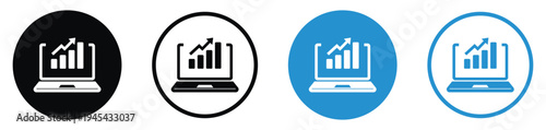 Data analysis and business statistics icon on a laptop monitor. Features bar charts and growth graphs in various circular badge styles. Perfect for SEO, finance, and marketing reports.