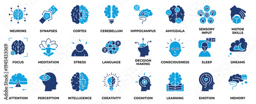 Brain icon set pack collection. Containing learning, mind, perception, intelligence, creativity, cognition, learning, emotion, memory and more. Flat blue Style vector Illustration.