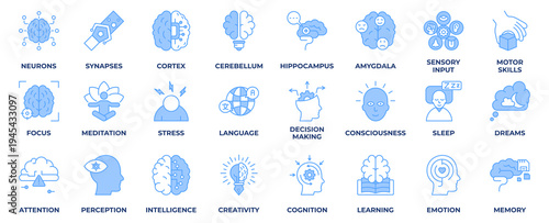 Brain icon set pack collection. Containing learning, mind, perception, intelligence, creativity, cognition, learning, emotion, memory and more. Line blue Style vector Illustration.
