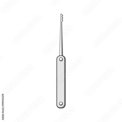 Lock pick with a serrated tip for raking, illustrating concepts of access, security vulnerabilities, entry, skill, and concealed activities against a clean white background