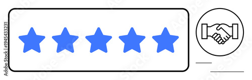 Customer satisfaction. Customer satisfaction d through a five-star rating next to a handshake symbol, signifying trust. Customer satisfaction in service quality, reputation. Business reputation
