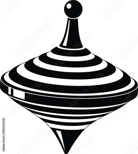 Spinning top illustration, black and white artwork, classic toy drawing, rotational motion design, angular momentum sketch, childhood play symbol, flavector