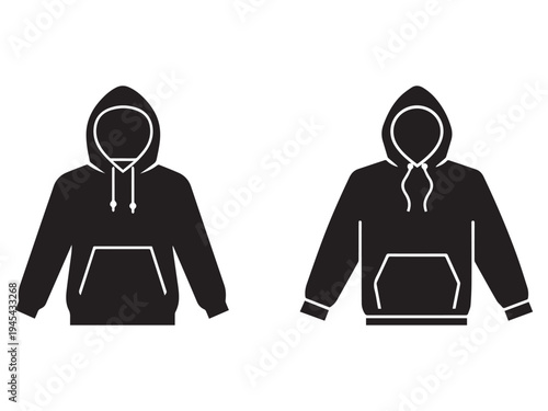 Blackhoodiesweatshirtswithandwithoutdrawstringsflaticonsvectorillustration  two black hoodies with white outlines on white background